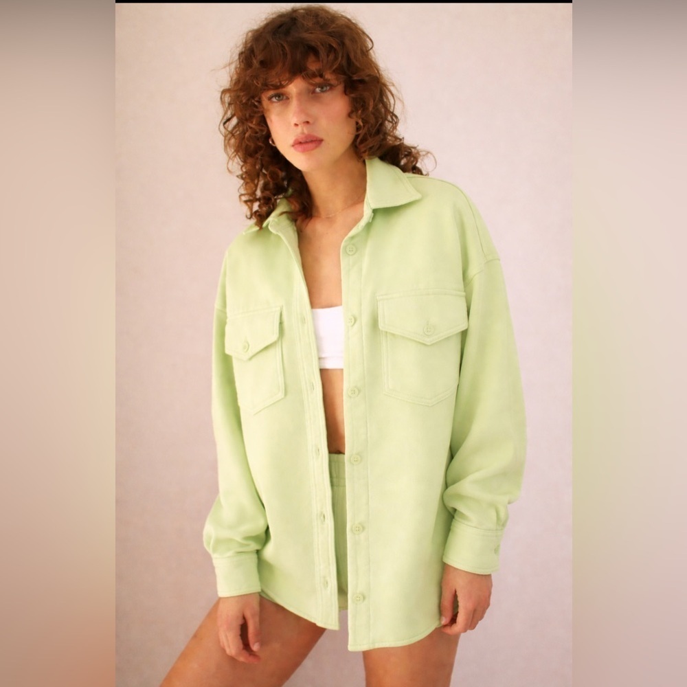 Aritzia Wilfred Neon Green Terry Fleece Shirt Jacket Shacket Womens M Oversized
